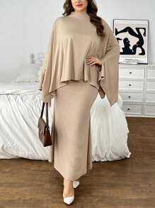 SHEIN Privé Plus Size Elegant Commuting Work Sophisticated High-End Venue Exquisite Afternoon Tea Date Music Concert Party Khaki Earth Tone Loose Generosity Asymmetrical Hem Cape Poncho Top & Fish Tail Skirt, For Winter - Khaki - View 4