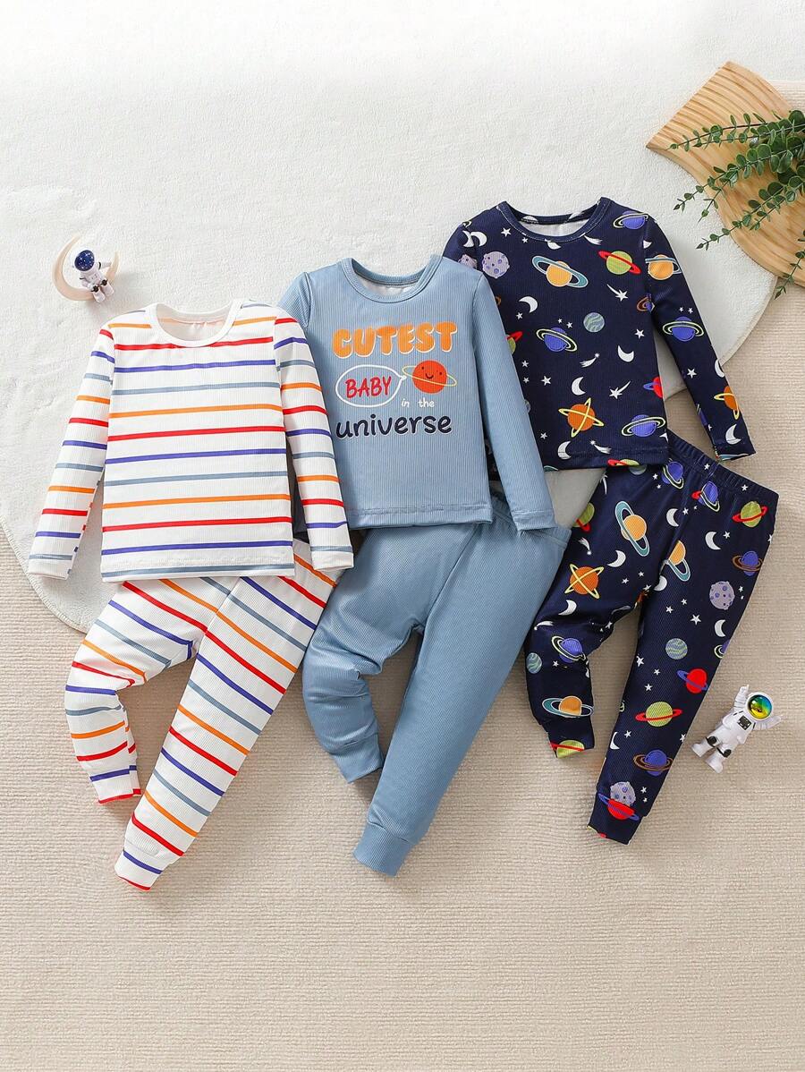 Conjunto de pijama de 3 piezas para bebé niño con camiseta de manga larga con estampado de letra y rayas de espacio exterior, y leggings de ajuste ceñido