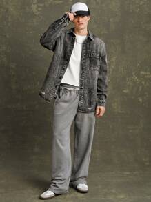 Men French Terry Fray Waist Cotton Sweatpants - Dark Grey - View 5