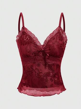 Fairycore Women's Solid Color Lace Patchwork Bow Decorated Sexy Camisole