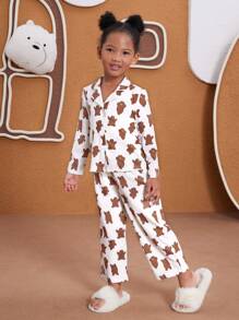We Bare Bears X SHEIN Young Girl Cartoon All-Over Print Lapel Collar Shirt & Pants Pajama Set - White - View 5