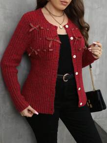SHEIN LUNE Plus Size Bow Decor Round Neck Front Button Long Sleeve Cardigan