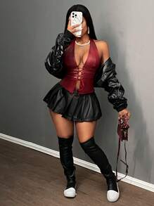 Slaydiva 挂脖系带露背短款上衣 - 酒紅色 - 查看 5