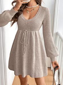 SHEIN Frenchy 女士休闲简约贝壳边抽绳腰部 V 领灯笼袖毛衣连衣裙，秋冬