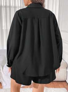 Flirla Plus Size Solid Color Lapel Pocket Casual Shirt & Shorts 2 Pieces Set - Black - View 2