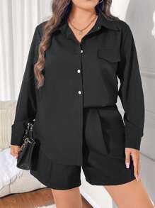 Flirla Plus Size Solid Color Lapel Pocket Casual Shirt & Shorts 2 Pieces Set - Black - View 4