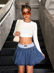 SHEIN Teen Girls' Y2K Fashion Patchwork Blue & White Stripe Dual-Waistband Pleated Denim Mini Skirt, Girls Fall Clothes Streetwear Outfits - Multicolor - View 1