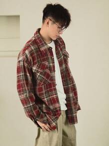 DAZY 男士秋季格纹落肩长袖口袋宽松休闲衬衫