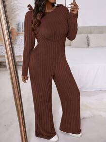 SHEIN LUNE Plus Size Casual Solid Color Long Sleeve Top And Jumpsuit 2 Pieces Set, Autumn