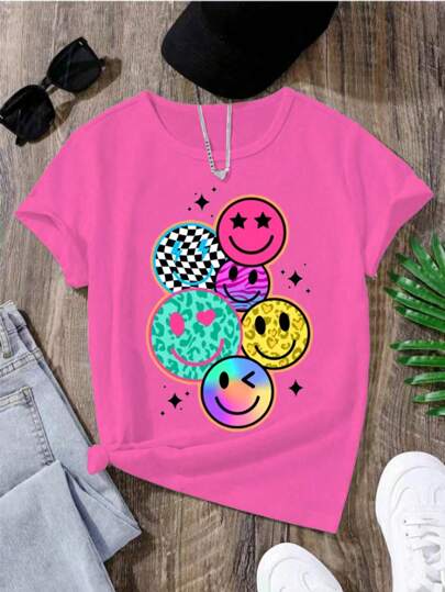 Tween Girls Casual Sorrindo Rosto Estampa Gola Redonda Manga Curta T-Shirt Para O Verão