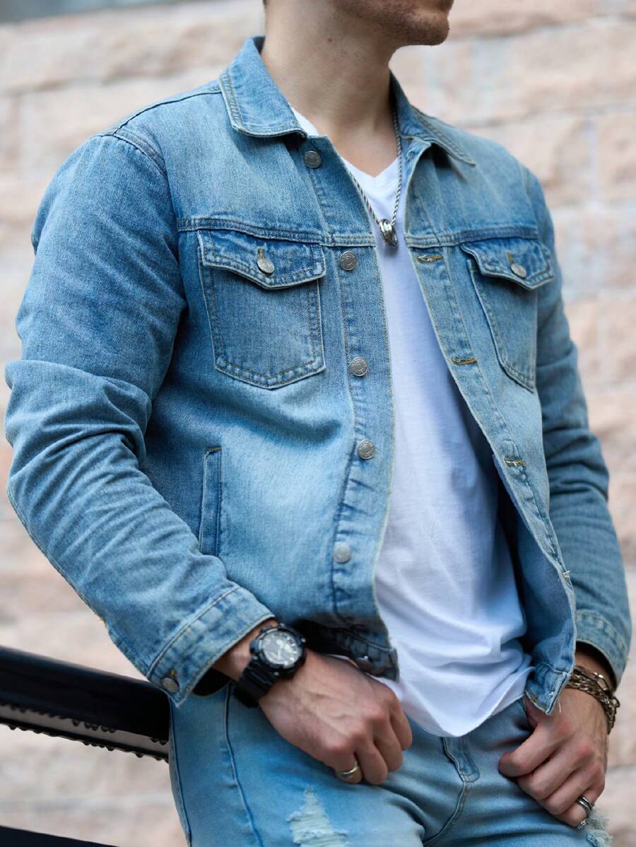 Manfinity Homme Men Front Button Pocket Long Sleeve Simple Plain Casual Casual Denim Jacket, For Husband - Medium Wash - View 1