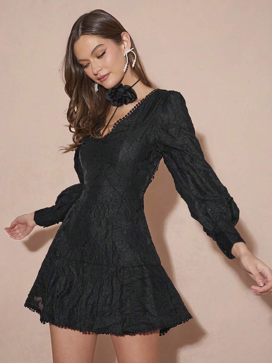 Enchnt Women Floral Jacquard V-Neck Long Sleeve Ruffle Hem Short Elegant Dress