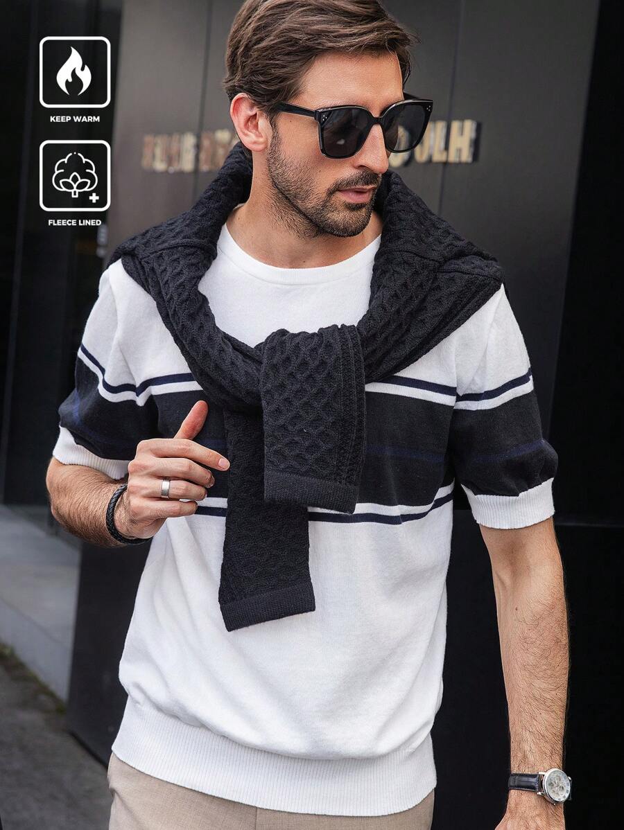 Manfinity Homme Parte superior tejida de manga corta casual de todos los días con color contrastante para hombres, otoño/invierno - Blanco - Ver 1