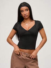 SHEIN BASICS 2pcs/Set Basic Solid Color V-Neck Short Sleeve Fitted Women T-Shirts - Multicolor - View 8
