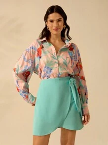 CAJUNI Women's Boho Colorful Parrot Print Loose Fit Drop Shoulder Long Sleeve Blouse, Casual Summer Beach Vacation