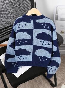 Tween Girls Cartoon Weather Graphic Intarsia Sweater, Elegant Casual Versatile Comfortable Pullover With Lantern Sleeves, Suitable For Play, Coffee Time And Leisure, Autumn/Winter - Blue - View 2