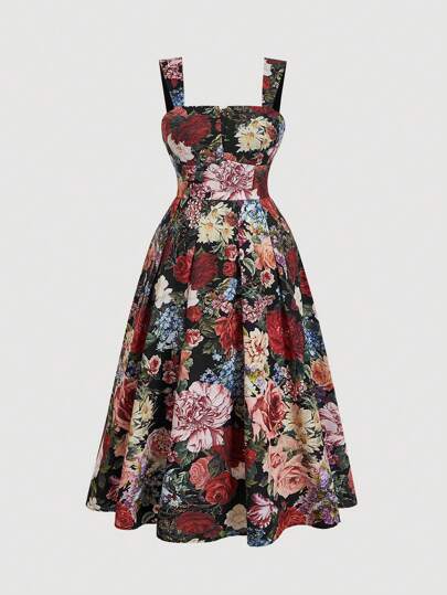 SHEIN MOD Plus Size Retro Elegant Floral Print Strap With Draping Dress, Summer,Beach Dress Sundress,Holiday Outfits Boho,Corset Dress For Women