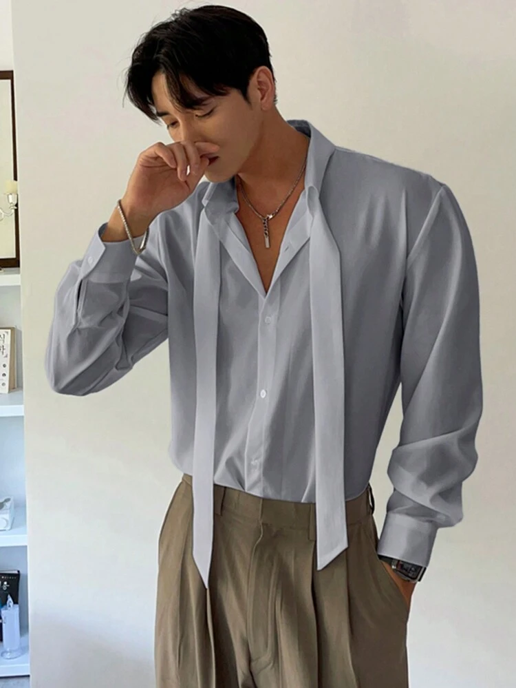 Men's Solid Color Long Sleeve Single-Breasted Casual Commuter Shirt, Autumn, For Fall Business Attire