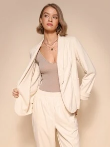 SHEIN Unity 纯色褶皱长袖灯芯绒无扣休闲长款大衣 - 杏色 - 查看 6