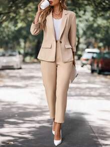 SHEIN LUNE Bộ đồ công sở 2 món cho nữ - Áo khoác Blazer dệt kim & Quần dài đến mắt cá chân, Trang phục công sở thường ngày cho mùa thu/đông - Màu Khaki - Xem 5