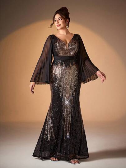 大码V领雪纺长袖亮片贴花修身美人鱼连衣裙，优雅舞会半正式婚礼宾客礼服，适合生日、毕业典礼、返校节派对、情人节等场合。