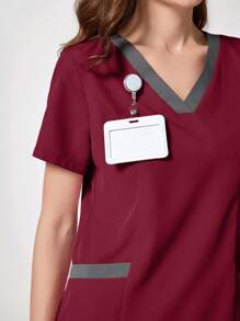 TaskEZ 勃艮第红撞色短袖上衣和裤子护理服套装