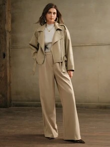 Anewsta 女士时尚高端卡其色翻领 PU 皮革短夹克 - 卡其色 - 查看 6