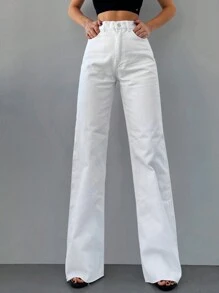 EURMUSE 100%纯棉纯色拉链门襟阔腿牛仔裤 - 白色 - 查看 4