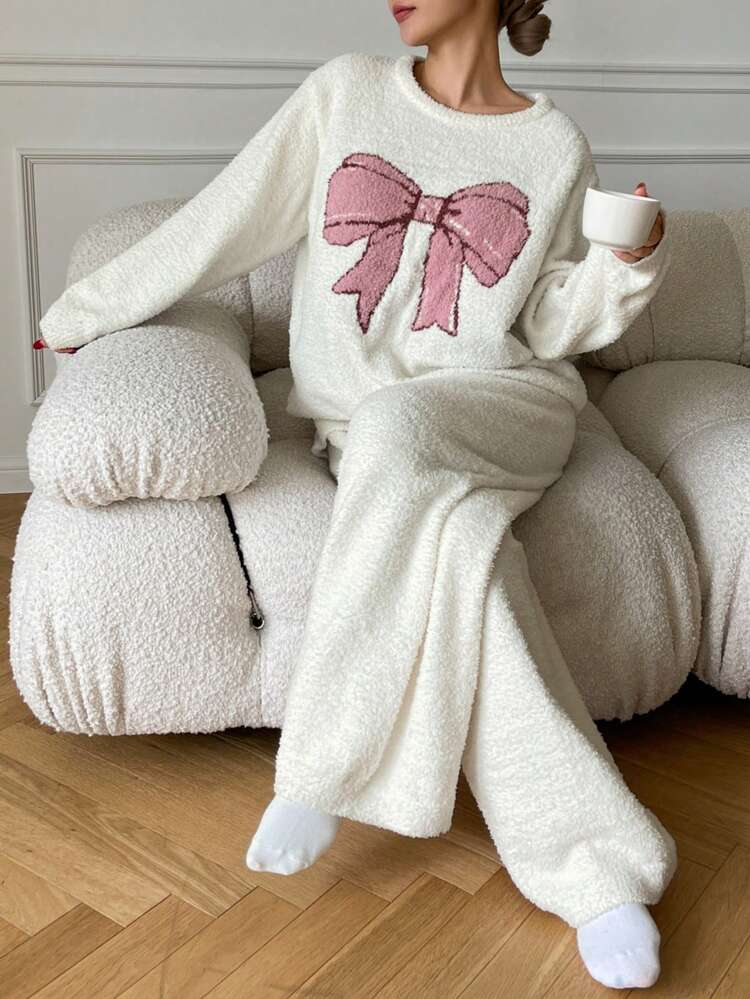 1 Set Women's Plush Fabric Bow Pattern Loose Fit Sleepwear Pajama Set, Winter, Fall Clothes Thermal Lined, Fluffy Cozy