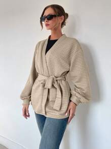 SHEIN Essnce Áo khoác nữ dáng áo choàng tắm thu đông, áo khoác dày dặn, rộng rãi, thoải mái khi ở nhà, áo cổ chữ V du lịch hàng ngày, áo dài tay - Màu Khaki - Xem 3