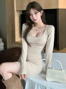 DAZY Women Square Neckline Long Sleeve Fitted Knitted Sweater Dress, Minimalist Style