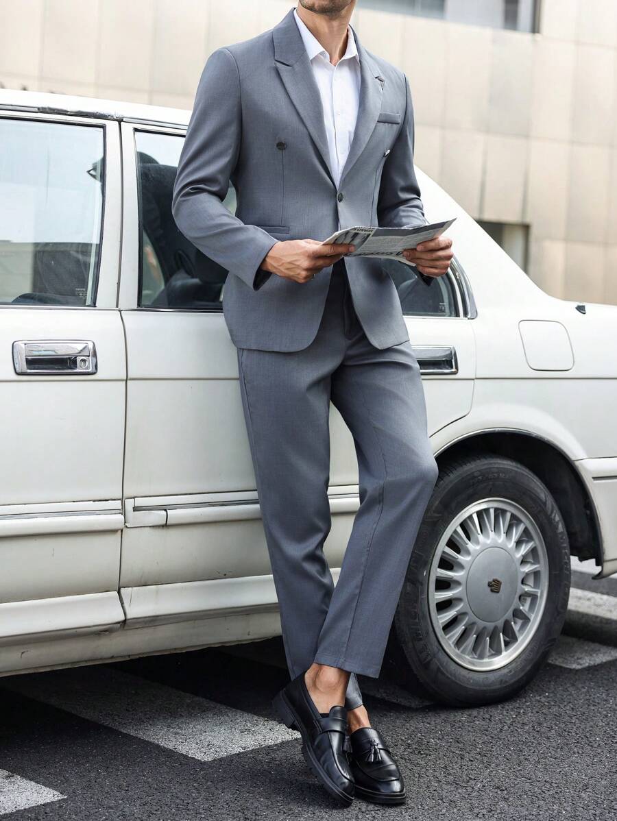 Manfinity Bizformal 2pcs Men Suit Set, Long Sleeve Blazer Jacket And Pants - Grey - View 1