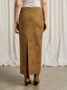 AiiRZ 西部仿麂皮 A 字中长裙 - 棕色 - 查看 2