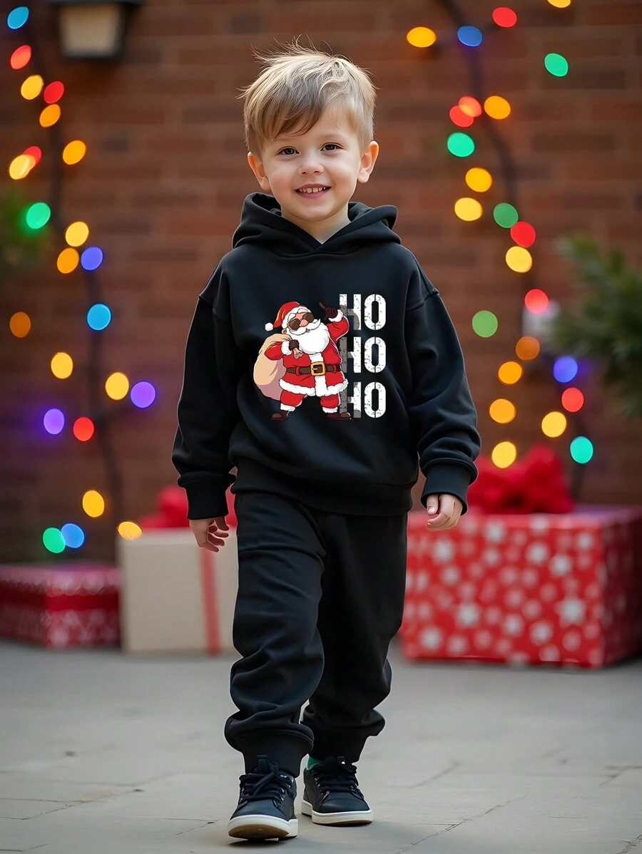 Young Boy Christmas Cartoon Printed Hoodie Sweatshirt And Pants Set - Black - View 1