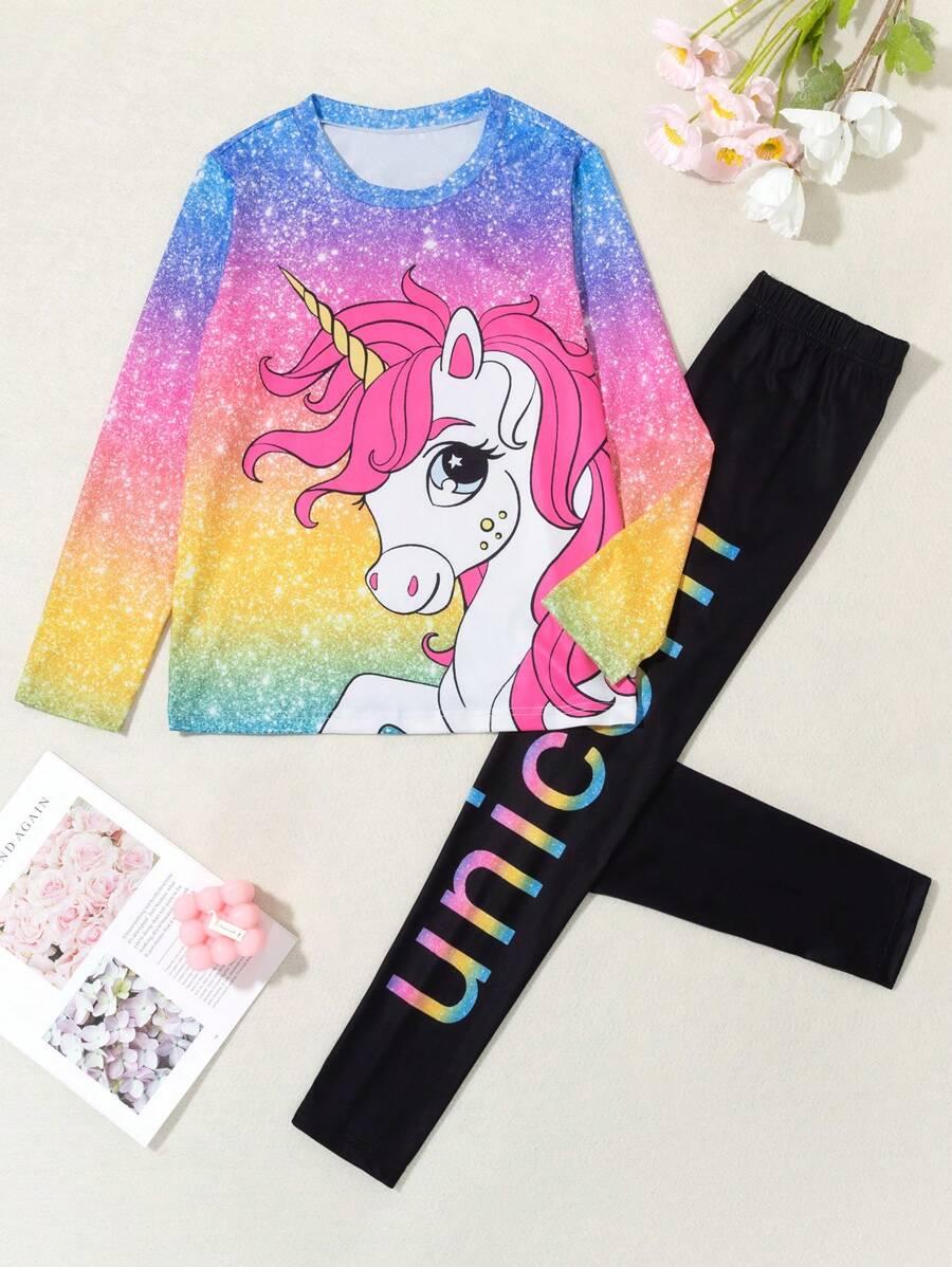 2 件幼儿女孩休闲卡通独角兽印花长袖 T 恤和紧身裤套装，加大码 - 彩色 - 查看 1