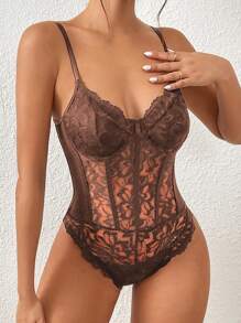 SHEIN Allurite Body de mujer de tirantes con encaje de contraste, sexy y ajustado - Café integral - Ver 3