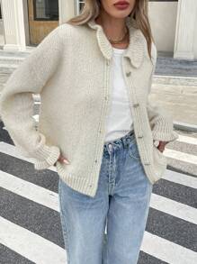 SHEIN Frenchy Áo len cardigan cài nút bèo nhún thường ngày cho nữ, Áo len cardigan dài tay màu trơn mềm mại cho nữ, Áo len cardigan dài tay màu trơn mềm mại cho nữ, Chúng tôi khuyên bạn nên mua nhỏ hơn một cỡ! Siêu ấm và mềm mại! Vào mùa thu/đông - Nhiều màu - Xem 4