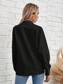 SHEIN Frenchy Women's Solid Color Single-Breasted Long Sleeve Blouse, Autumn - Black - View 2