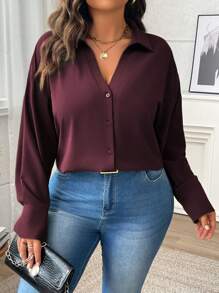 Vionelle Blusa suelta de mujer de talla grande con cuello de camisa y hombros caídos, de unicolor, para primavera y otoño