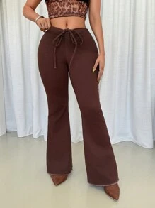 TrendSteals 女式休闲纯色抽绳紧身喇叭牛仔裤 - 鏽棕色 - 查看 6