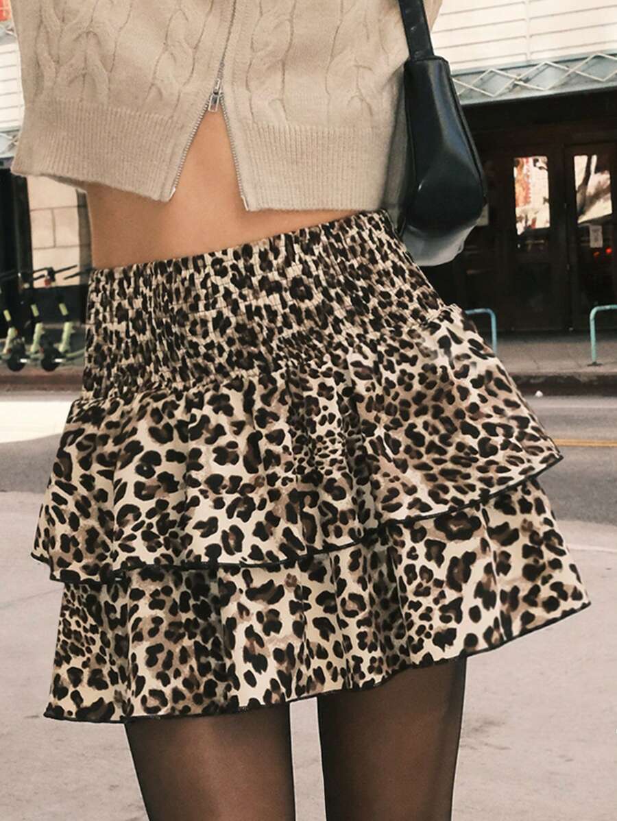 SHEIN EZwear Leopard Printed Elastic Waist Summer Ruffled Skirt - Multicolor - View 1