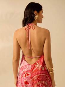 CAJUNI Women's Summer Boho Coconut Tree & Tropical Floral Print Contrast Color Sleeveless Maxi Casual Beach Party Dress