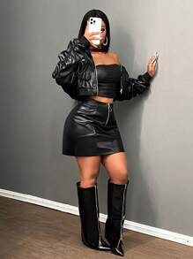 Slaydiva New Elegant Women's Middle Front Zipper Ring Decorated V Split Red Brown Glossy PU Mini Skirt Women's Skirt - Black - View 7