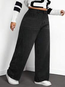 SHEIN ICON Women's Plus Size Straight Leg Boyfriend Jeans - Black - View 4