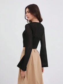 SHEIN EZwear Tie Front Bell Sleeve Crop Top - Black - View 4