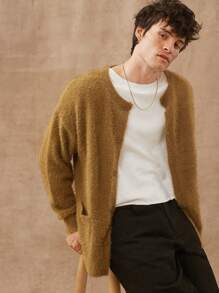 Men Brushed Crewneck Cardigan Sweater - Olive Green - View 1