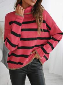 Chiquease New Loose Knit Jumper Sweater, Casual & Comfortable European And American Style, Stripe Pattern, Soft Fabric, Suitable For Autumn/Winter Knit Pullover Fall Outfit