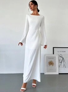 Firerie 女士优雅别致的船领喇叭袖及地长裙，适合约会和度假 - 白色 - 查看 5