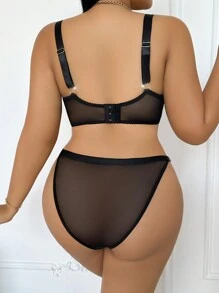 大码性感花卉刺绣镂空网眼内衣套装 - 黑色 - 查看 2