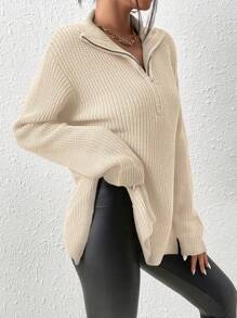 SHEIN Frenchy Half Zip Drop Shoulder Grain Black Sweater In Fall/Winter Casual - Apricot - View 3